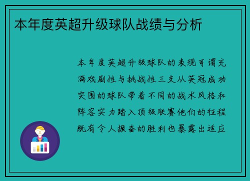 本年度英超升级球队战绩与分析