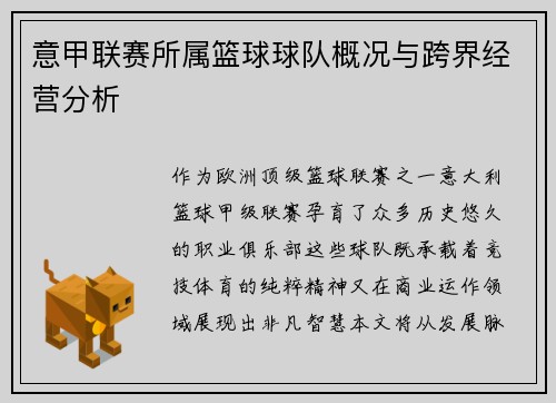 意甲联赛所属篮球球队概况与跨界经营分析