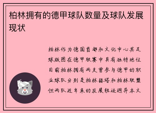 柏林拥有的德甲球队数量及球队发展现状